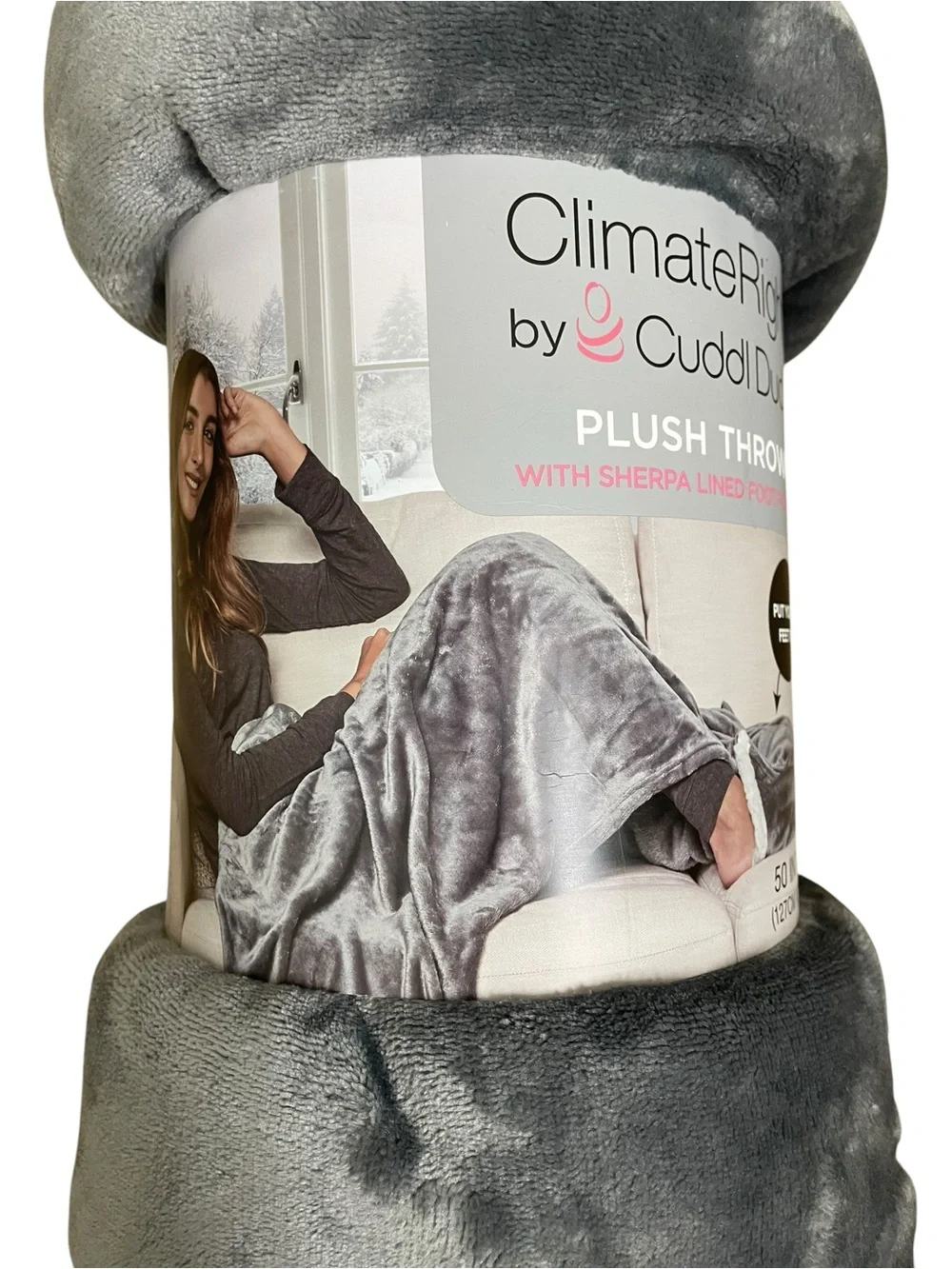 Cuddl Duds ClimateRight Plush Throw Blanket Sherpa Lined Foot Pocket Grey 50x70